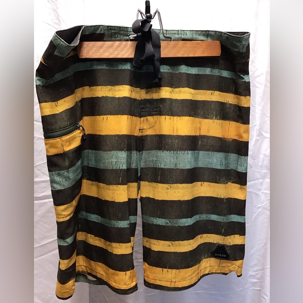 Prana Yellow and Green Board Shorts with Bold Stripes